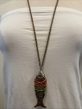 Articulated, vintage-multicoloured enameled fish pendant goldtone